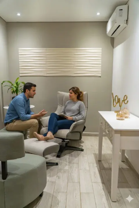 a man and woman sitting in a chair in a room